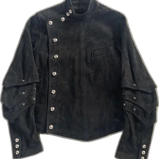 Streetwear Black Jacket Men Harajuku Fashion Loose Motorcycle Jacket Gothic Punk Pleated Long Sleeve Coat Autumn Winter Clothing