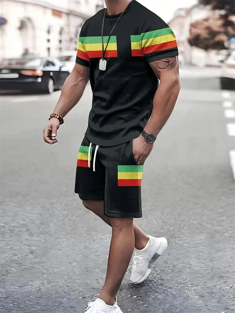 New summer men's sportswear short-sleeved T-shirt suit two-piece outdoor travel clothing oversized shorts training clothes