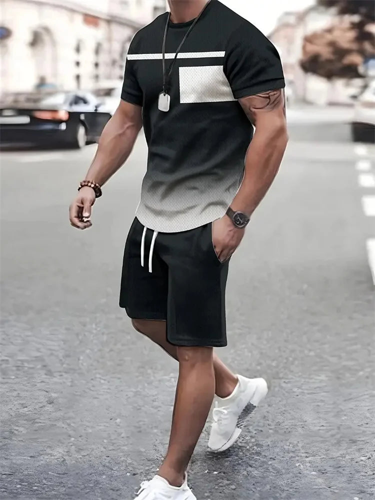 New summer men's sportswear short-sleeved T-shirt suit two-piece outdoor travel clothing oversized shorts training clothes