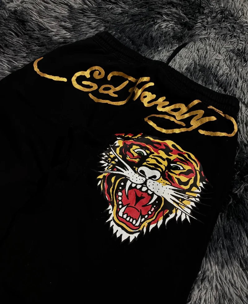 European and American tiger print pattern men casual pants Harajuku retro black pants trendy fashion brand clothing sports pants