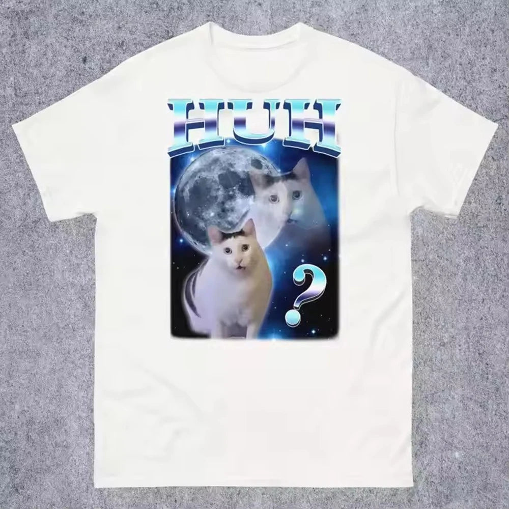 New in Top HUH Funny Dank Cat Meme Unhinged Tee Shirt Homme Men Clothing short sleeve Round Neck Printing Pullover T-shirt 50243