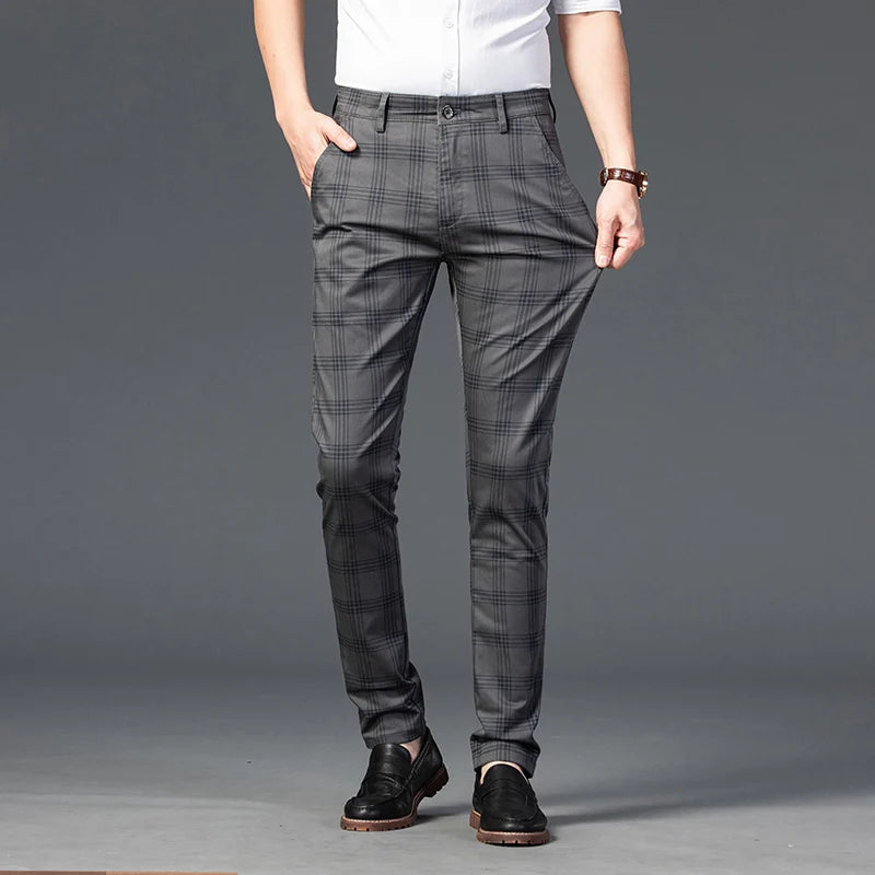 Mens Slim Cotton Plaid Pants Male Brand Clothes Pants 7 Colors New Fashion Casual Business Classic Work Stretch Comfort Trousers