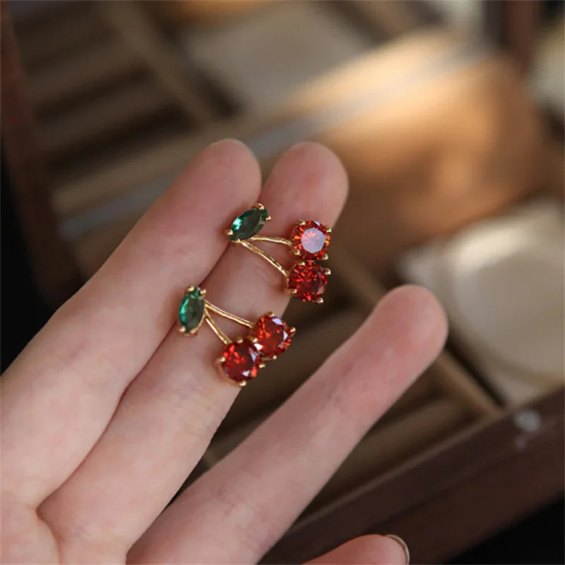 LATS Red Zircon Cherry Leaf Stud Earrings