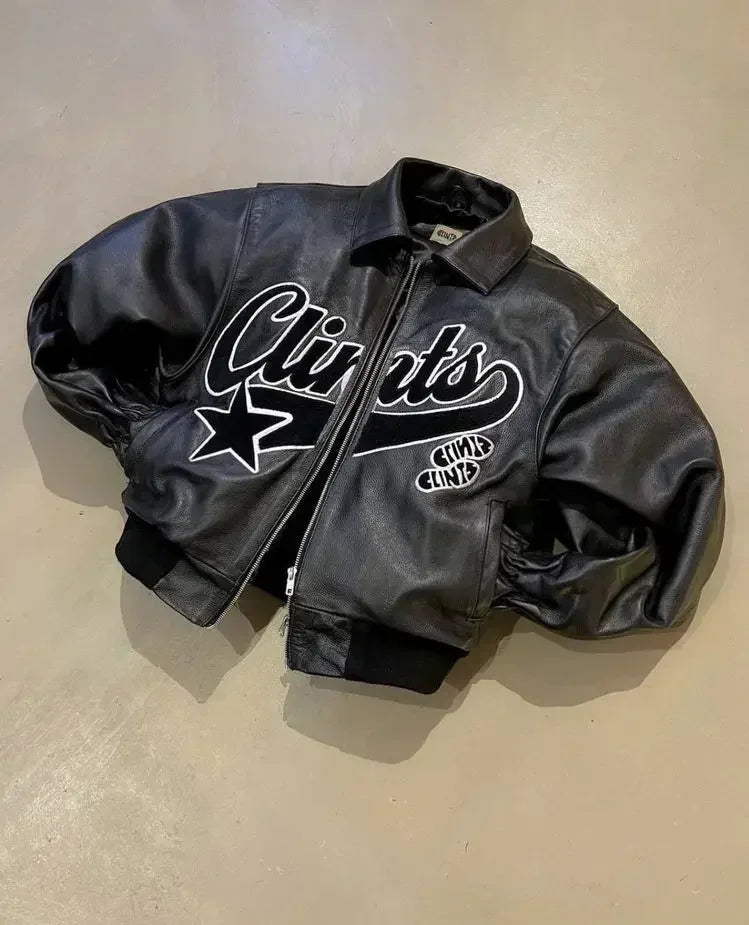 Street Style American Y2K Retro Rivet Leather Jacket Mens Letter Embroidered Hollow Oversized Coat Punk Rock Motorcycle Clothing