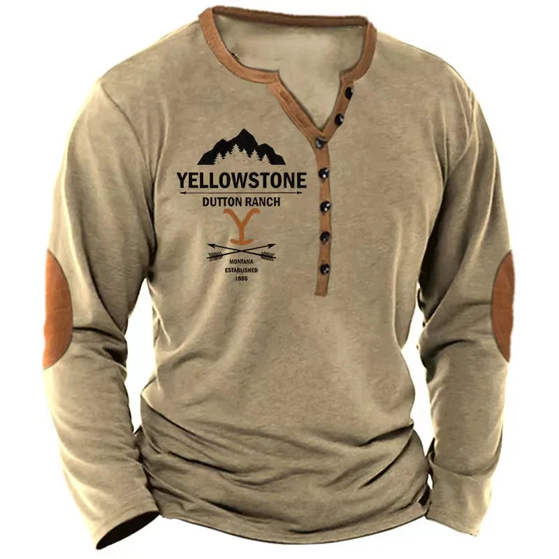 Vintage Men's T Shirt Yellowstone National Park Long Sleeve Tee Usa Route 66 Letter Graphic T-Shirts Oversized Men Clothing Tops