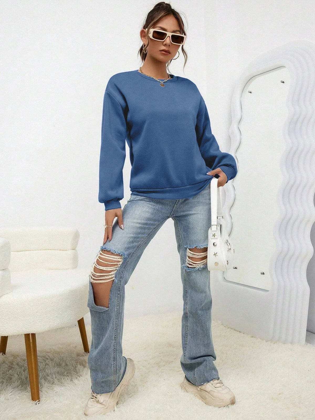 Woman Sweatshirt Casual Solid Color All