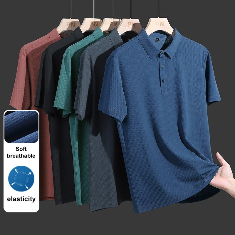 M-9XL Summer Polo Shirt Men New Breathable Mesh Ice Silk Quick-drying Short-sleeved T-shirt Elastic Sports Tops Men Clothing