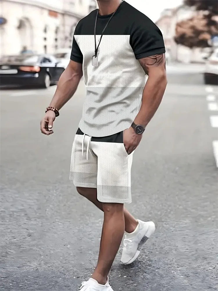 New summer men's sportswear short-sleeved T-shirt suit two-piece outdoor travel clothing oversized shorts training clothes