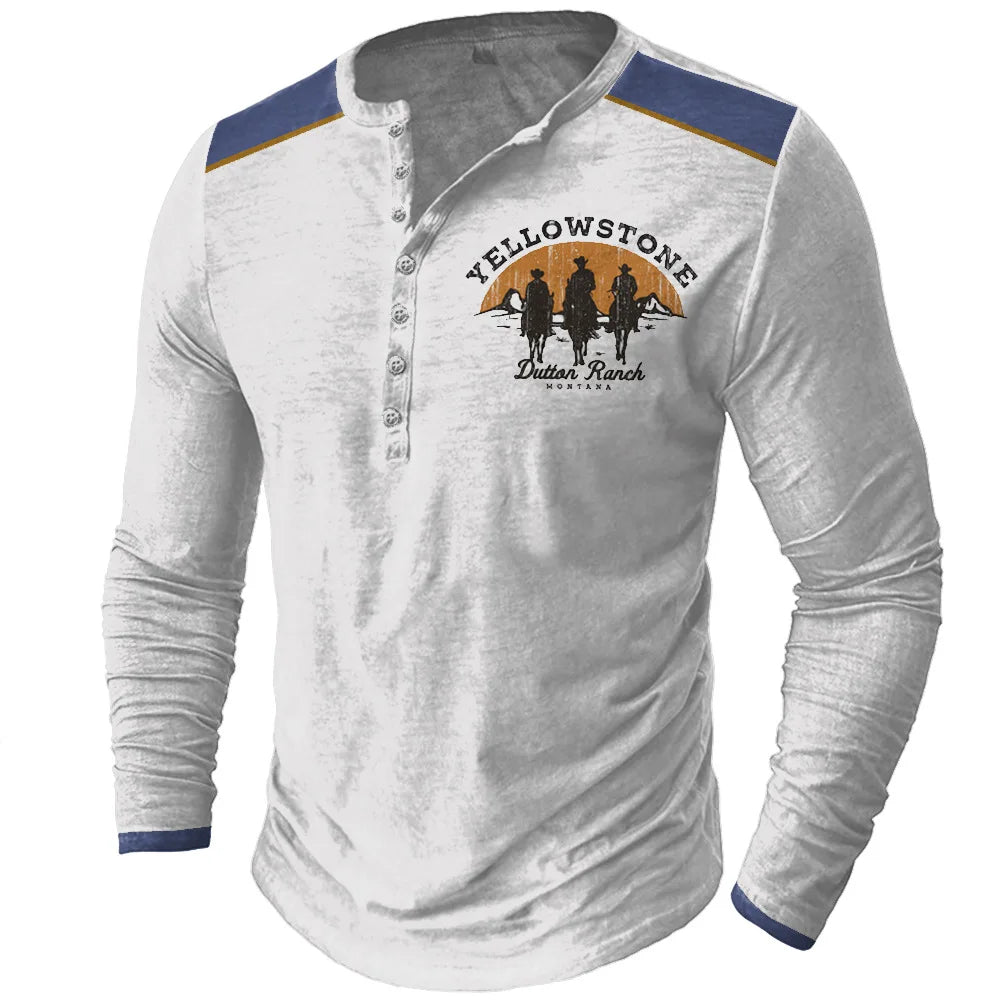 Vintage Men's T Shirt Yellowstone National Park Long Sleeve Tee Usa Route 66 Letter Graphic T-Shirts Oversized Men Clothing Tops