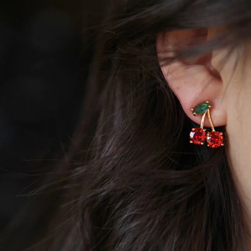 LATS Red Zircon Cherry Leaf Stud Earrings
