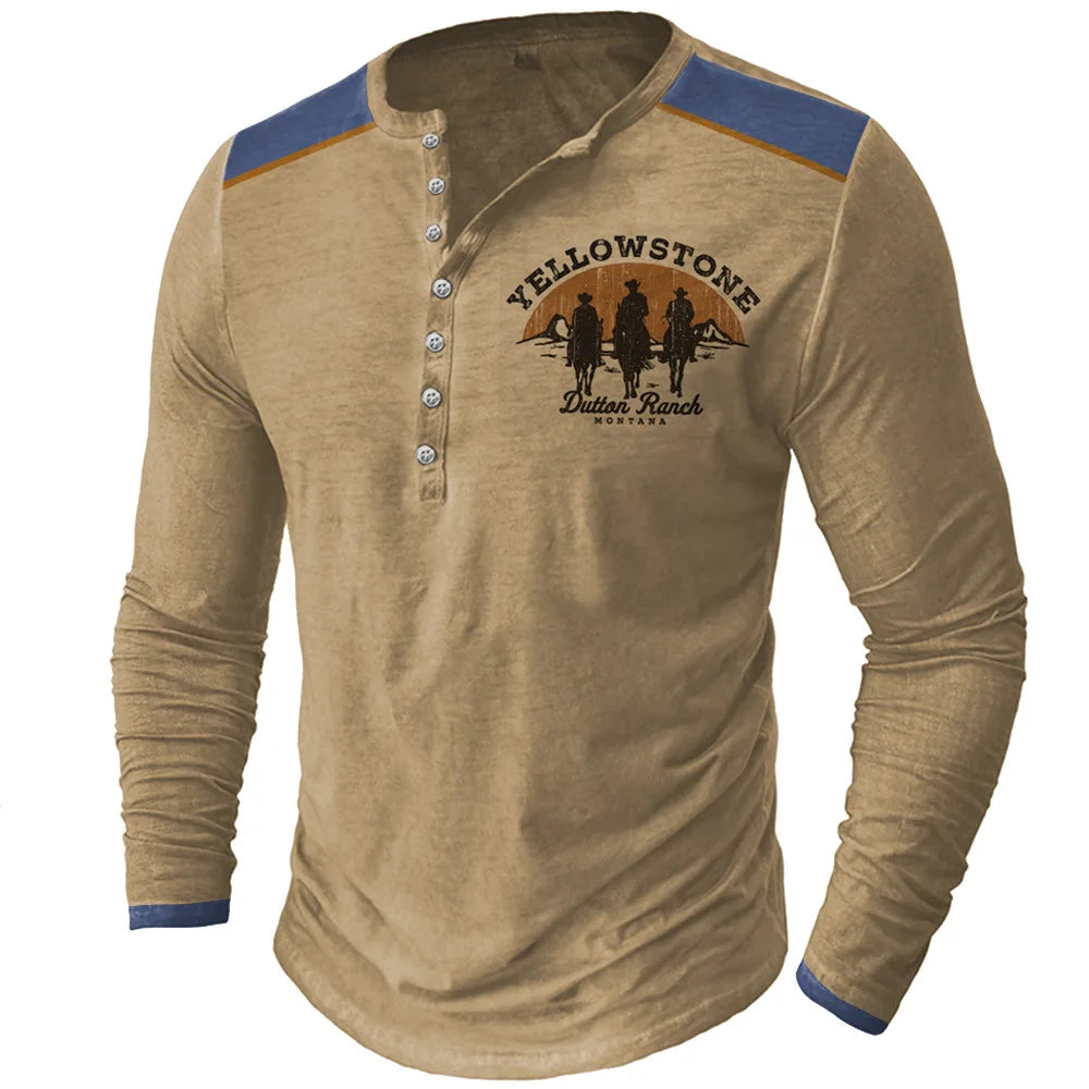 Vintage Men's T Shirt Yellowstone National Park Long Sleeve Tee Usa Route 66 Letter Graphic T-Shirts Oversized Men Clothing Tops