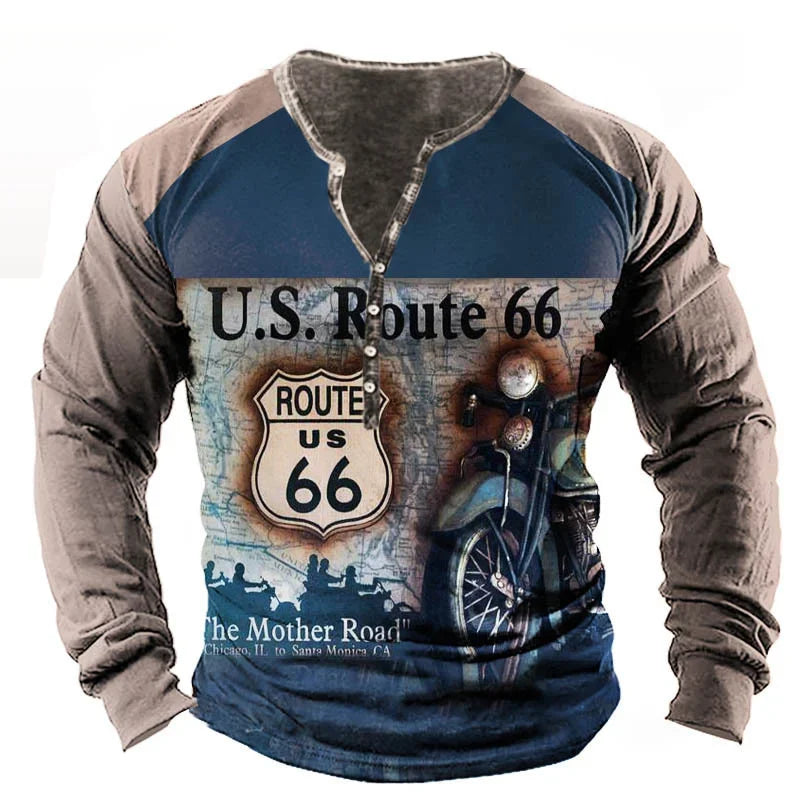 Vintage Men's T Shirt Yellowstone National Park Long Sleeve Tee Usa Route 66 Letter Graphic T-Shirts Oversized Men Clothing Tops