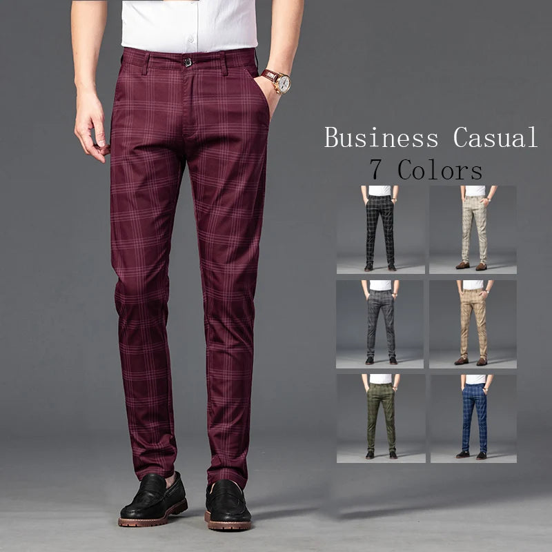 Mens Slim Cotton Plaid Pants Male Brand Clothes Pants 7 Colors New Fashion Casual Business Classic Work Stretch Comfort Trousers