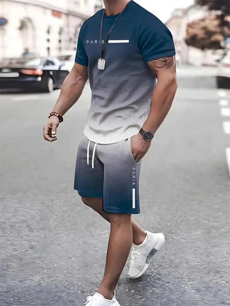 New summer men's sportswear short-sleeved T-shirt suit two-piece outdoor travel clothing oversized shorts training clothes