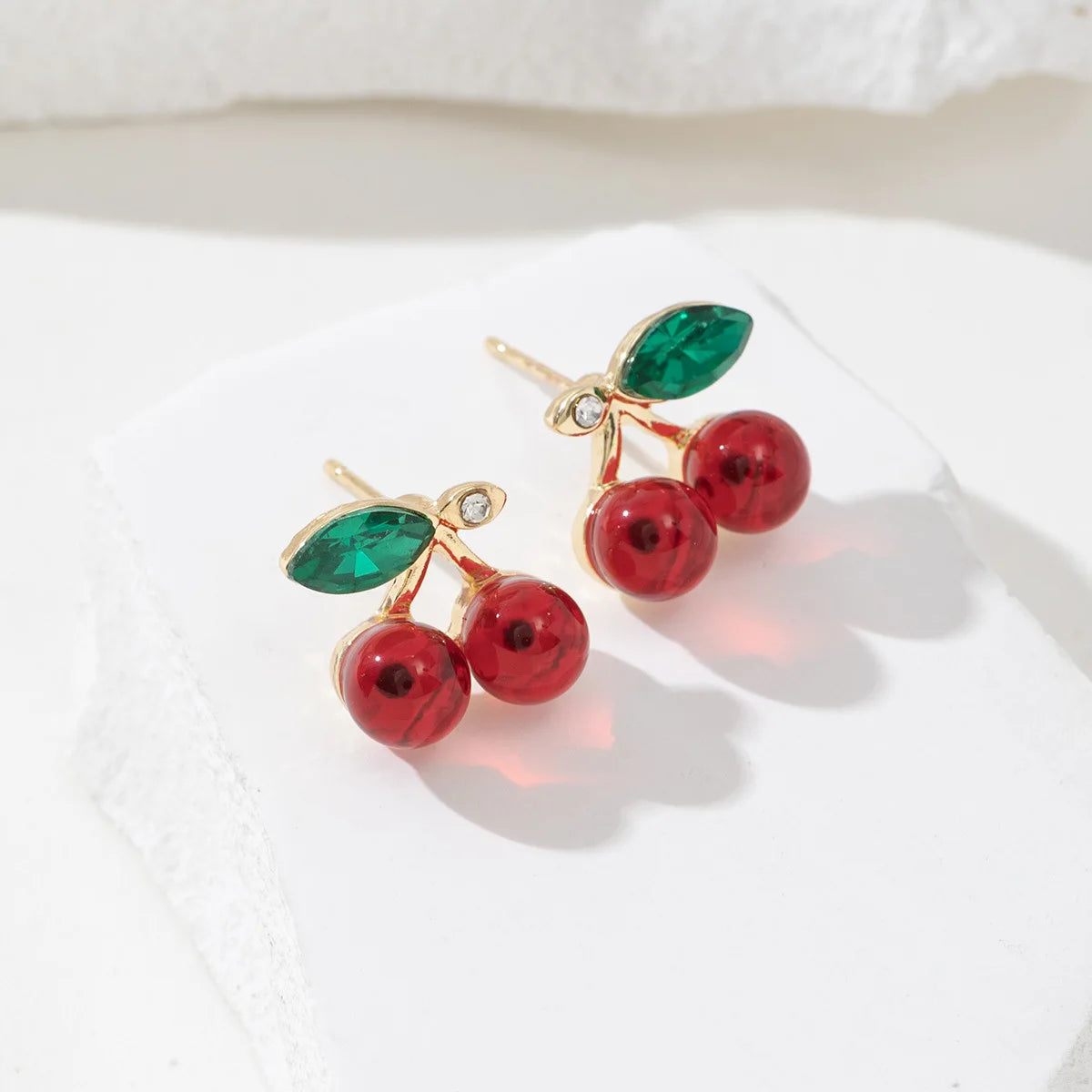 LATS Red Zircon Cherry Leaf Stud Earrings