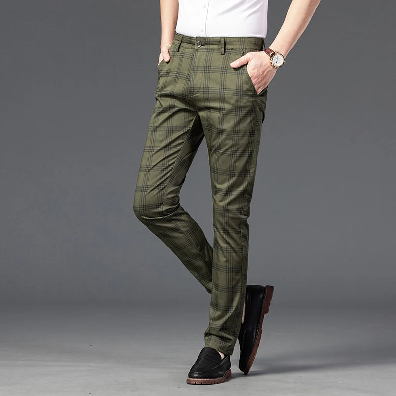 Mens Slim Cotton Plaid Pants Male Brand Clothes Pants 7 Colors New Fashion Casual Business Classic Work Stretch Comfort Trousers