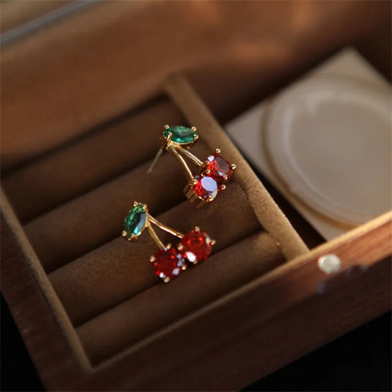 LATS Red Zircon Cherry Leaf Stud Earrings