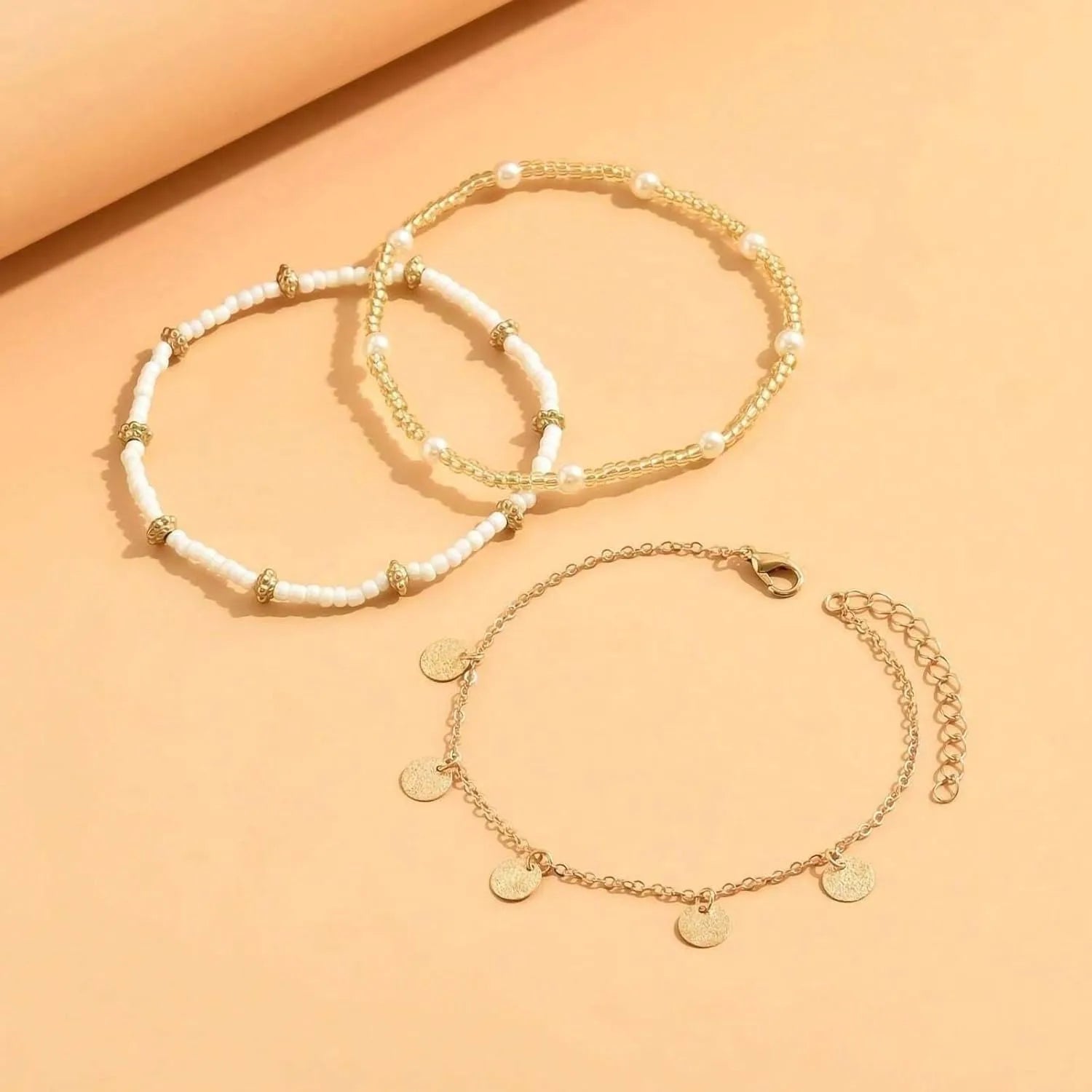 Gold Plated Boho Bead Adjustable Anklet,