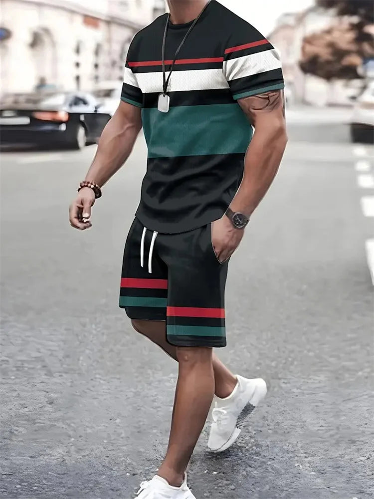 New summer men's sportswear short-sleeved T-shirt suit two-piece outdoor travel clothing oversized shorts training clothes