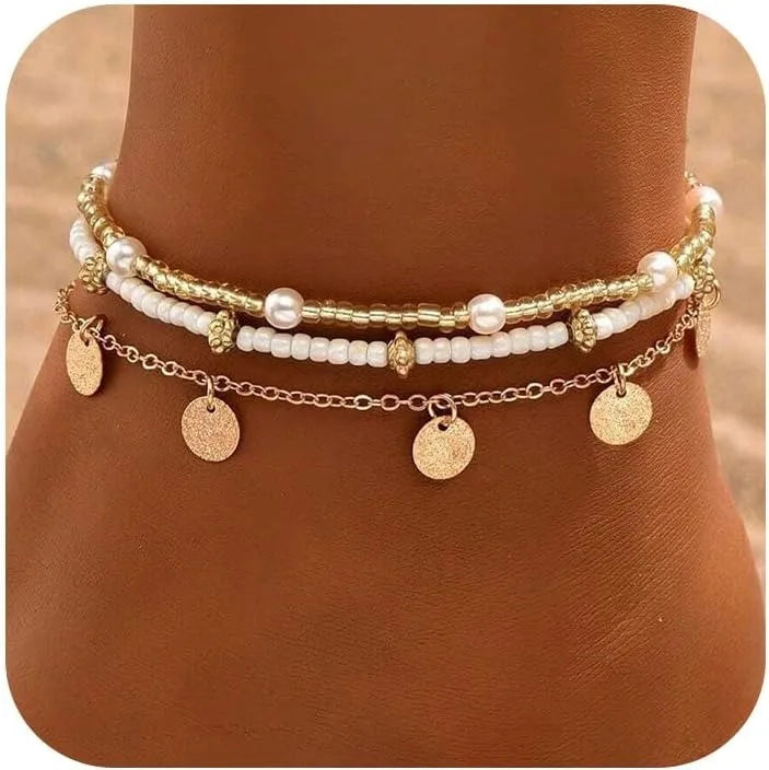 Gold Plated Boho Bead Adjustable Anklet,