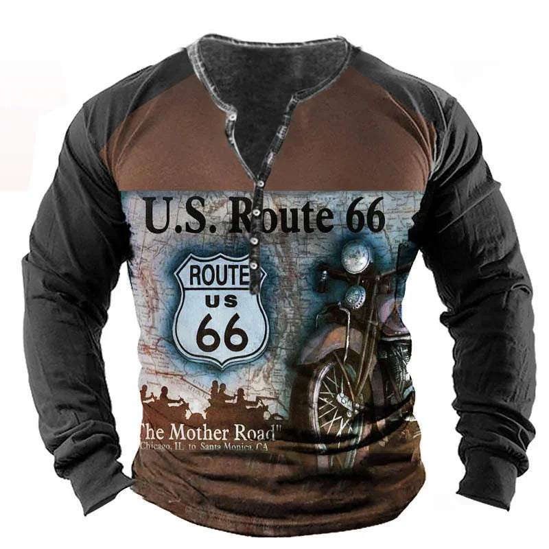 Vintage Men's T Shirt Yellowstone National Park Long Sleeve Tee Usa Route 66 Letter Graphic T-Shirts Oversized Men Clothing Tops