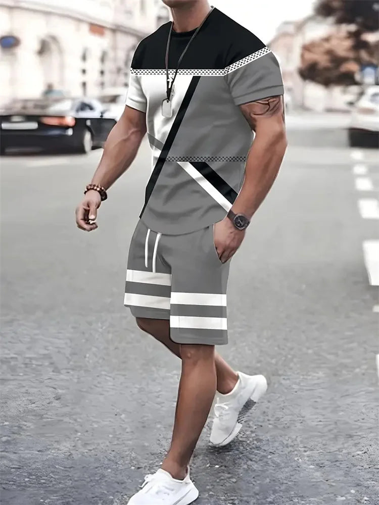 New summer men's sportswear short-sleeved T-shirt suit two-piece outdoor travel clothing oversized shorts training clothes