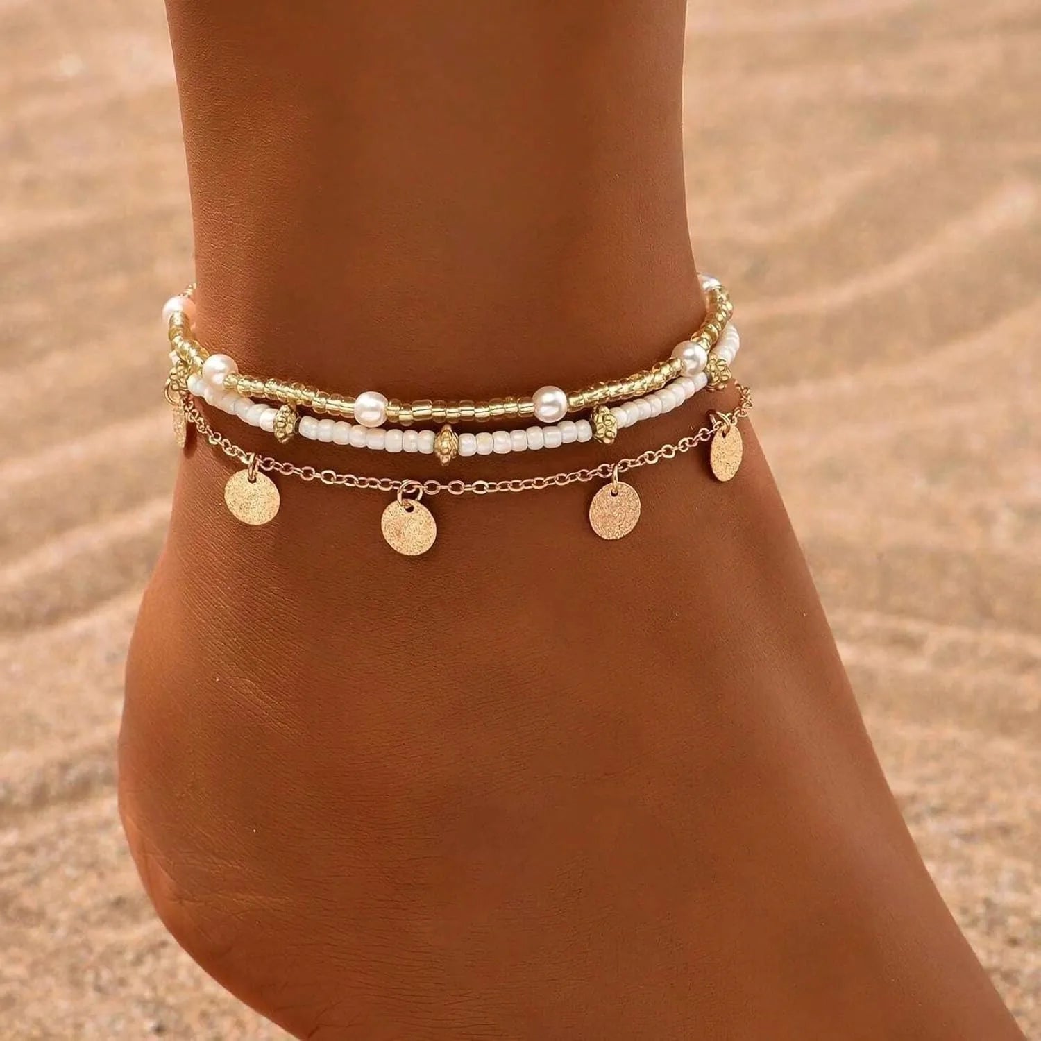 Gold Plated Boho Bead Adjustable Anklet,