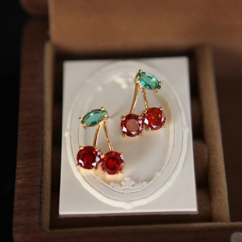 LATS Red Zircon Cherry Leaf Stud Earrings