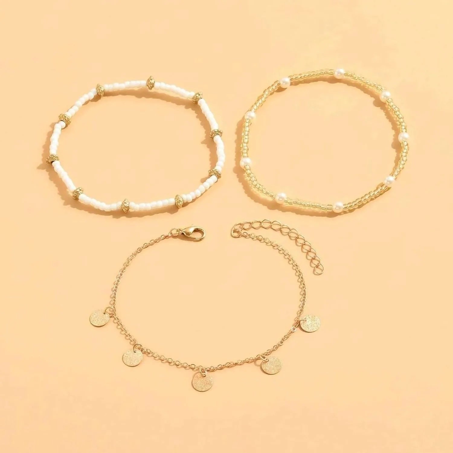 Gold Plated Boho Bead Adjustable Anklet,